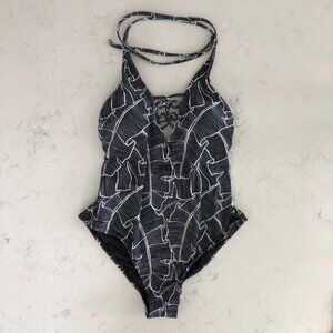 Far West V Neck Abstract Leaf Print Nylon One Piece Swimsuit Blk + Wht Sz S NWT